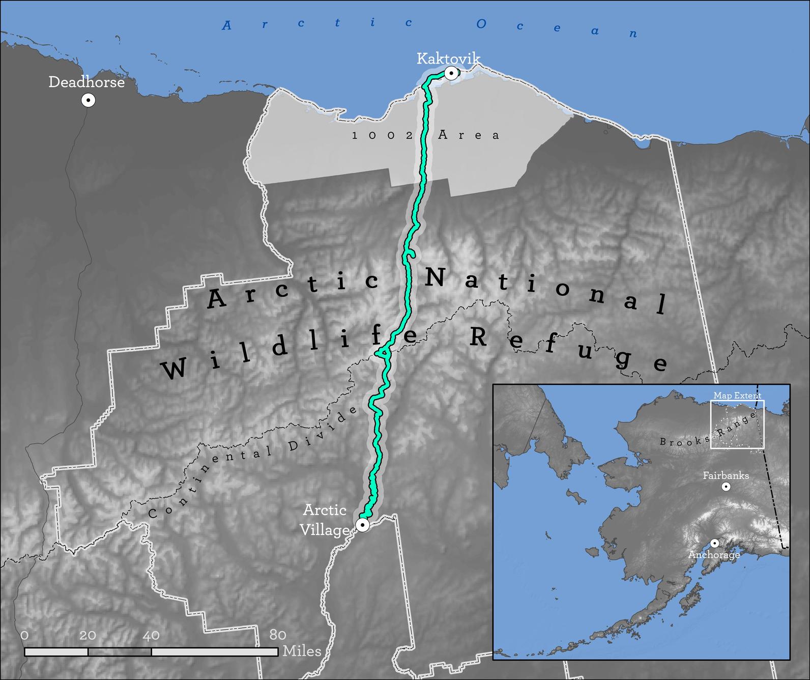 Ben and Sarah’s route traversing the Arctic National Wildlife Refuge. Ben and Sarah’s route traversing the Arctic National Wildlife Refuge.