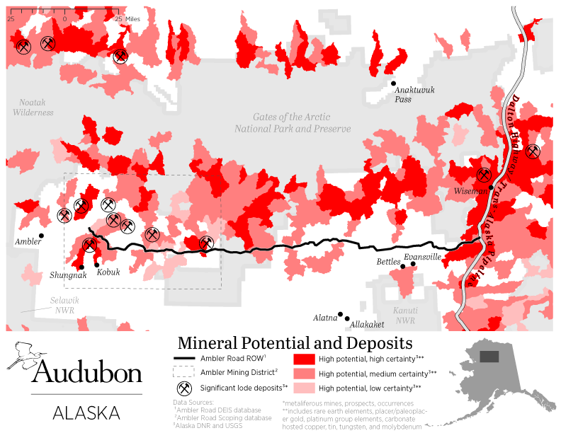 The proposed Ambler road would open extensive areas of potential mining claims, leading the region to experience increased impacts from roads and contaminants. The proposed Ambler road would open extensive areas of potential mining claims, leading the region to experience increased impacts from roads and contaminants.