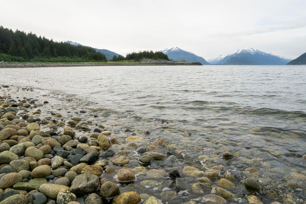 Rocky shoreline with forest and mountains in background Rocky shoreline with forest and mountains in background