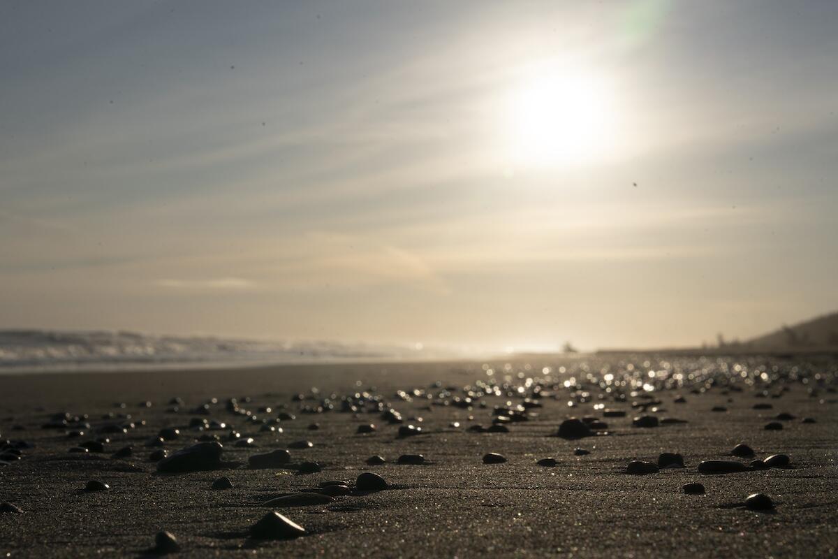 Rocky beach at sunset