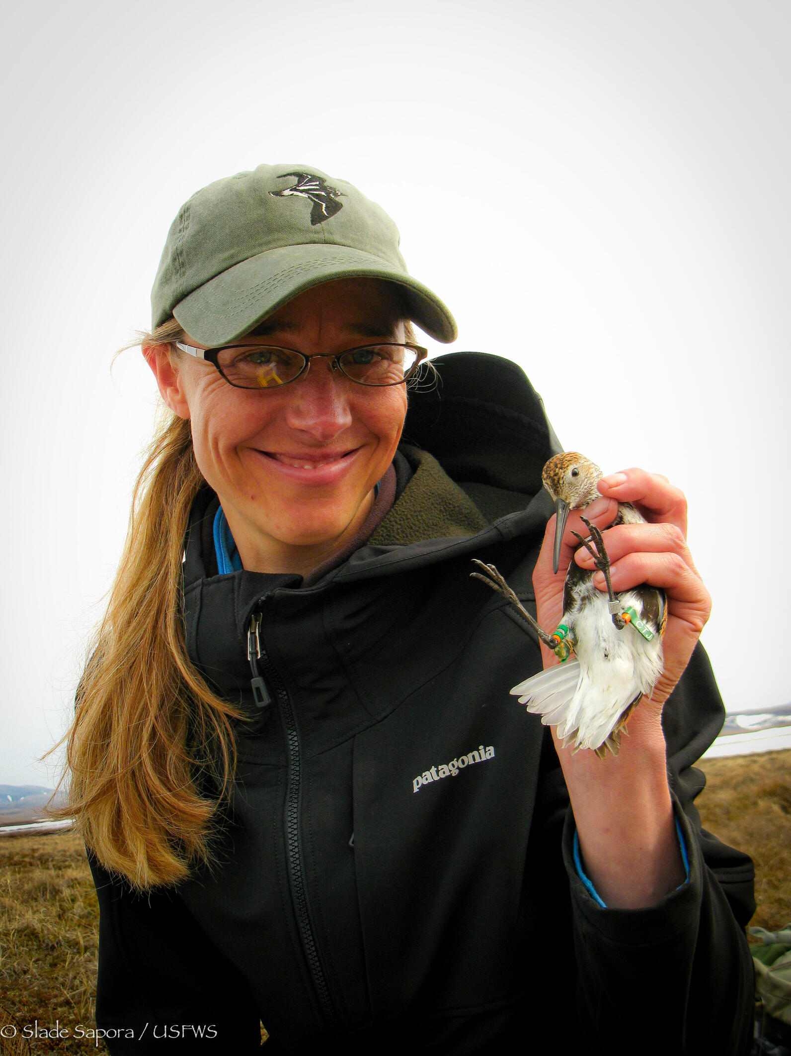 Woman in hat holding shorebird and smiling at the camera