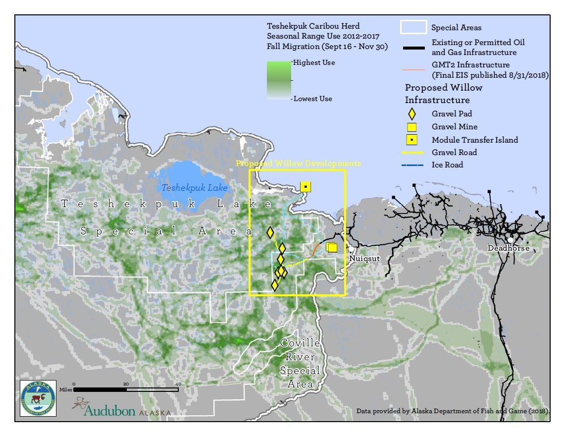 Map of Teshekpuk Caribou Herd fall migration with existing and proposed drilling infrastructure. Map of Teshekpuk Caribou Herd fall migration with existing and proposed drilling infrastructure.