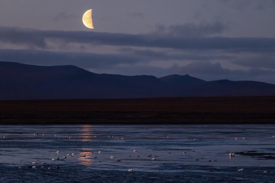 Moon over mountains and sound